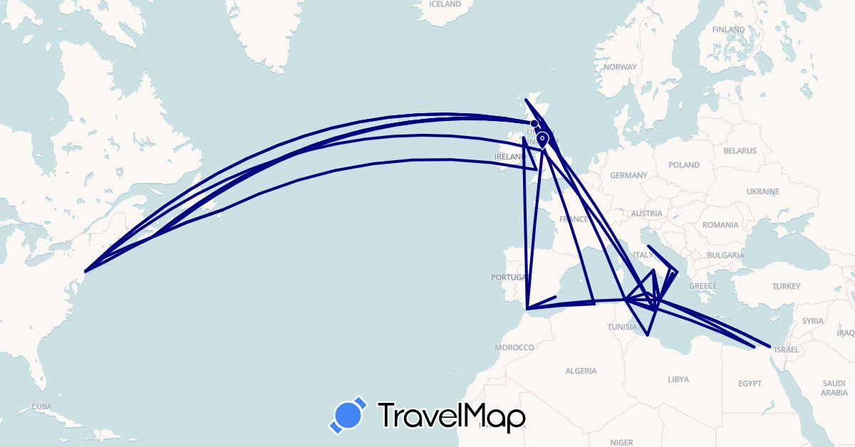 TravelMap itinerary: driving in Canada, Algeria, Egypt, Spain, United Kingdom, Gibraltar, Italy, Libya, Malta, Tunisia, United States (Africa, Europe, North America)